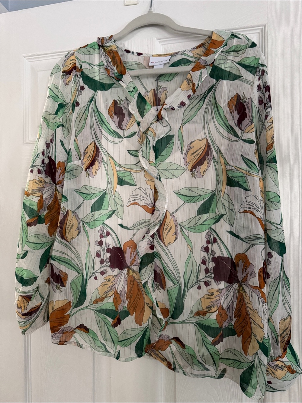 Liz Claiborne Cream Blouse with Green, Mustard and Brown Floral Print